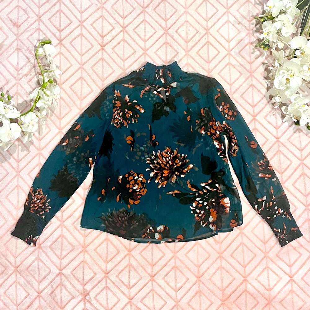 ✨💚 Y.A.S. Green & Orange Floral Sheer Blouse with Ruched Sleeve & Collar 💚✨